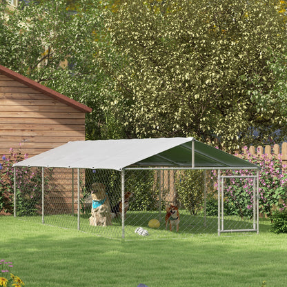 19.7' x 7.5' x 4.9' Outdoor Dog Kennel Weatherproof Play Run for Medium Gentle Dogs with UV & Waterproof Cover, Silver