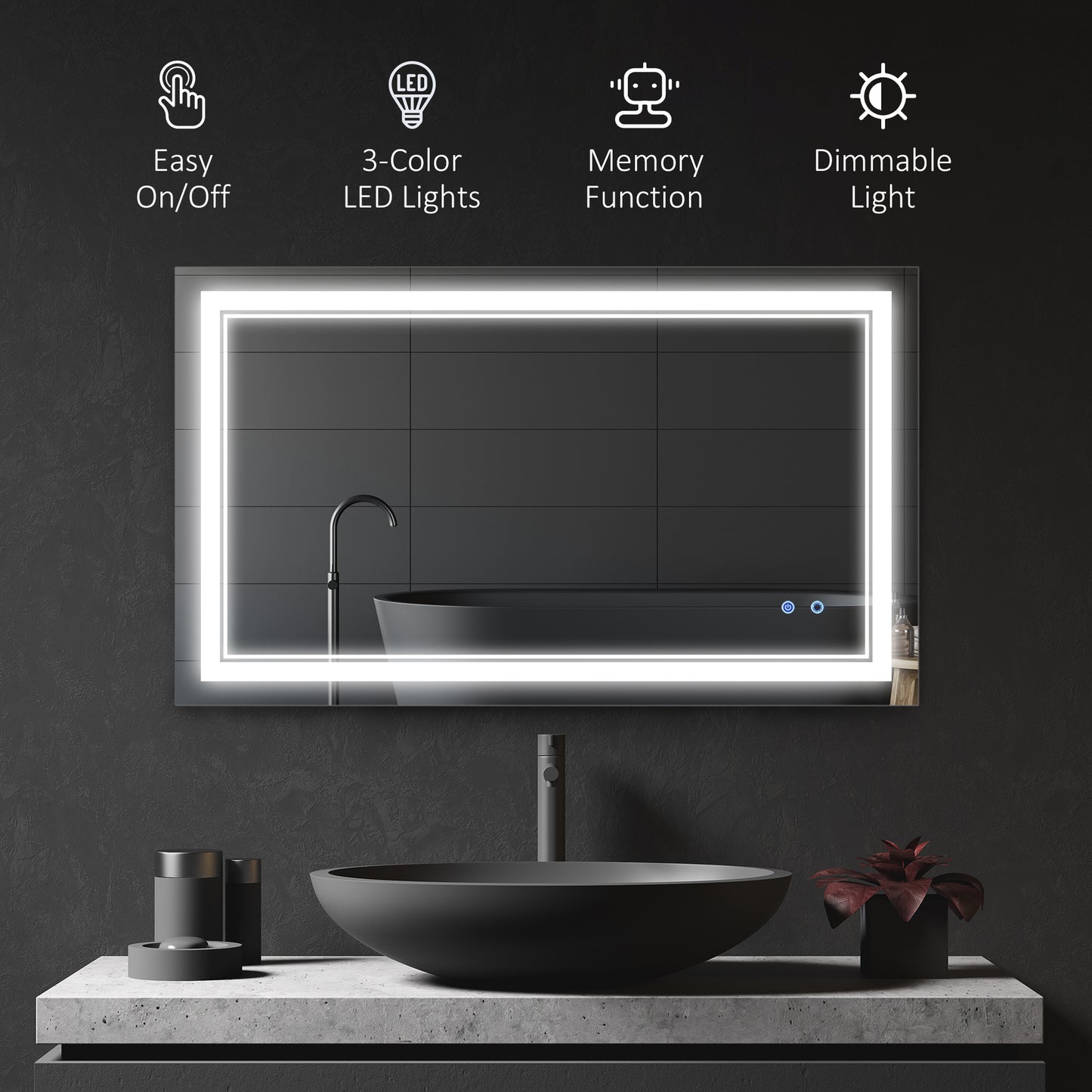 40" x 24" LED Bathroom Mirror, Dimmable Lighted Wall-Mounted Mirror, with 3 Colour, Smart Touch, Plug-in, Vertical or Ho