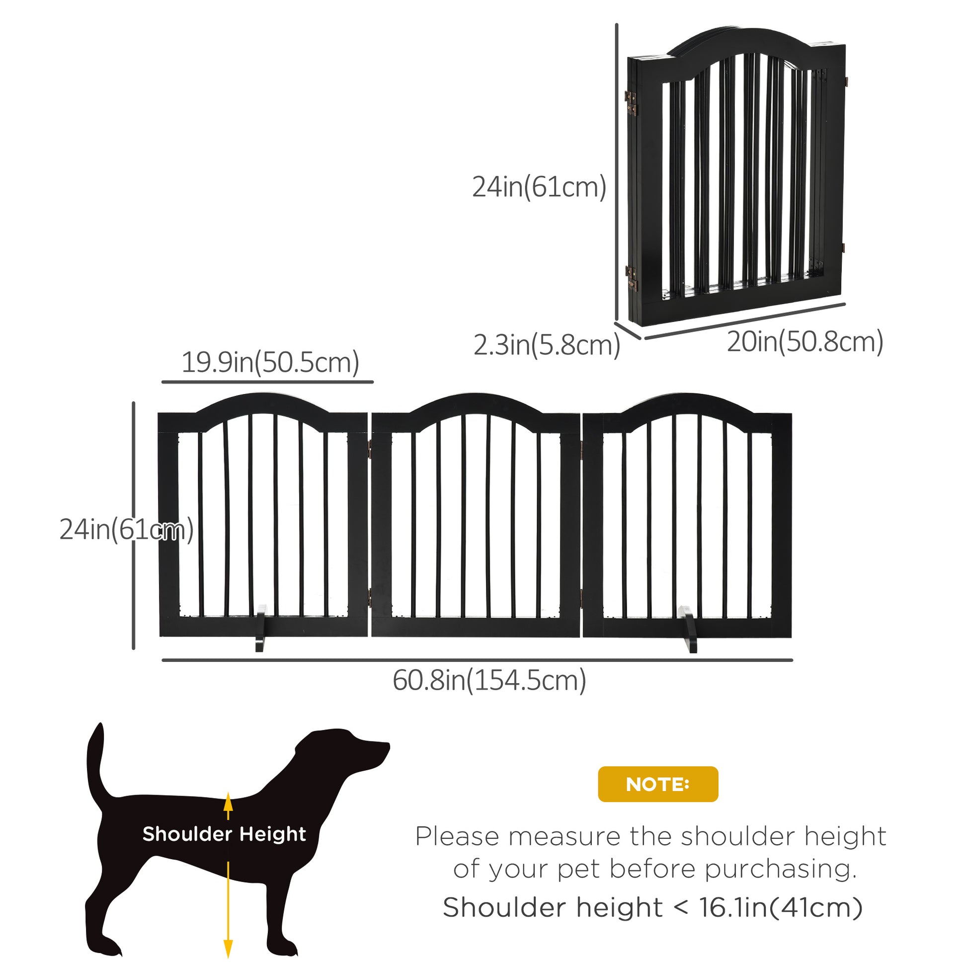 24"H Foldable Dog Gate, 3 Panels Freestanding Pet Gate Barriers Indoor with Support Feet, Puppy Fence for Small Dogs, Bl