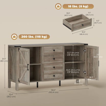 59" Buffet Cabinet, Farmhouse Sideboard with Thick Top, 2 Barn Doors, 4 Drawers and 2 Adjustable Shelves, Grey