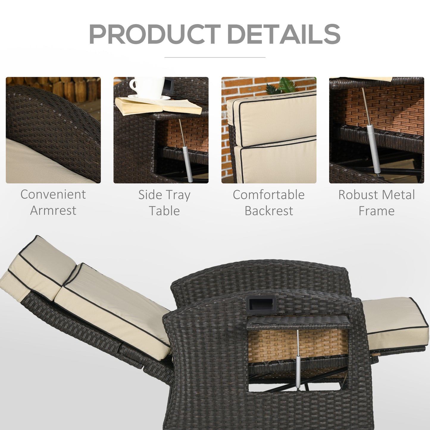 Outdoor Recliner Chair with Adjustable Backrest and Footrest, Washable Cushion, Side Tray, Up to 352 lbs, Khaki