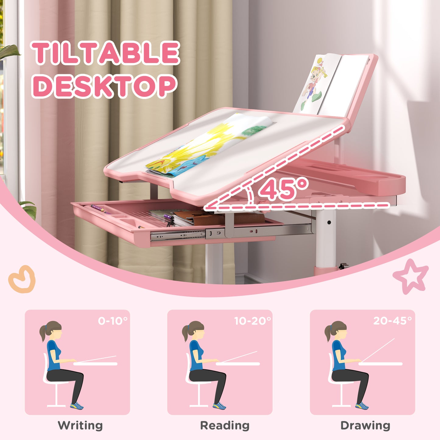 Qaba Height Adjustable Kids Desk and Chair Set with Tilt Desktop, Large Writing Board, Storage Drawer, Book Stand, Pink