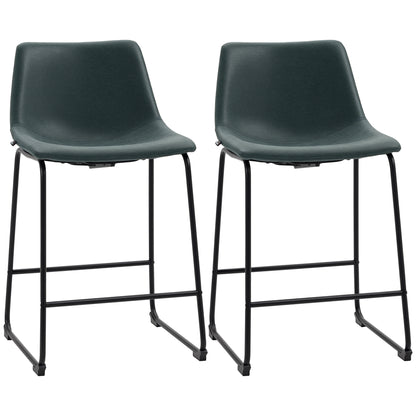 Counter Height Bar Stools Set of 2, Vintage PU Leather Bar Chairs, Kitchen Stool with Footrest for Home Bar Green