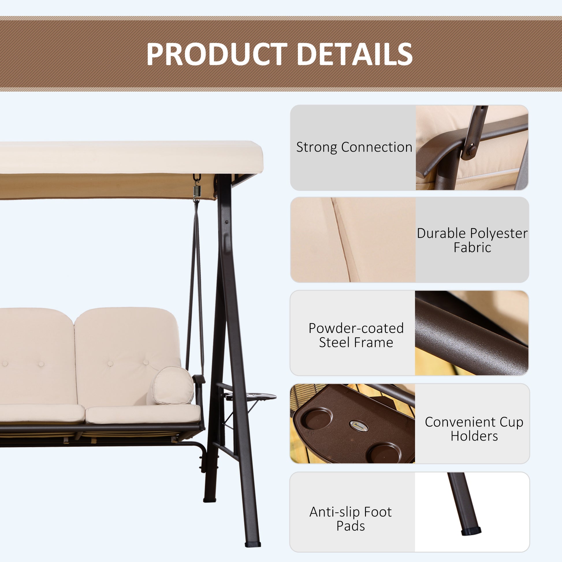 3 Seater Heavy Duty Swing Chair Outdoor Lounge Hammock Cushioned Seat W/ Tilt Canopy, Beige