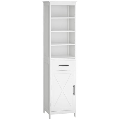 Tall Bathroom Storage Cabinet, Free Standing Bathroom Cabinet Slim Side Organizer w/ 3-Tier Open Shelf, Door, and Drawer