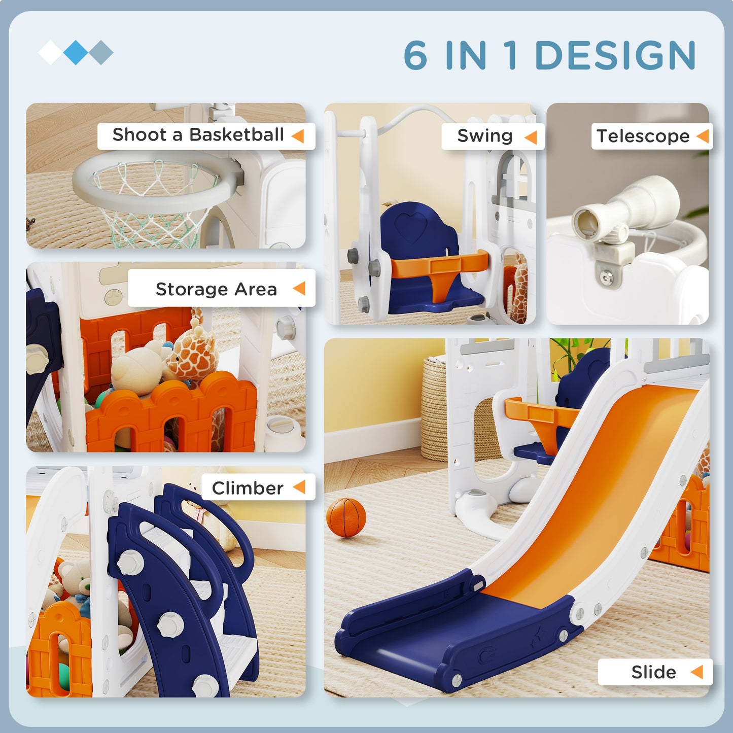 Qaba 6-in-1 Slide and Swing Set Baby Swing Playset Indoor with Basketball Hoop, Climber, Storage Space, Telescope, Orang