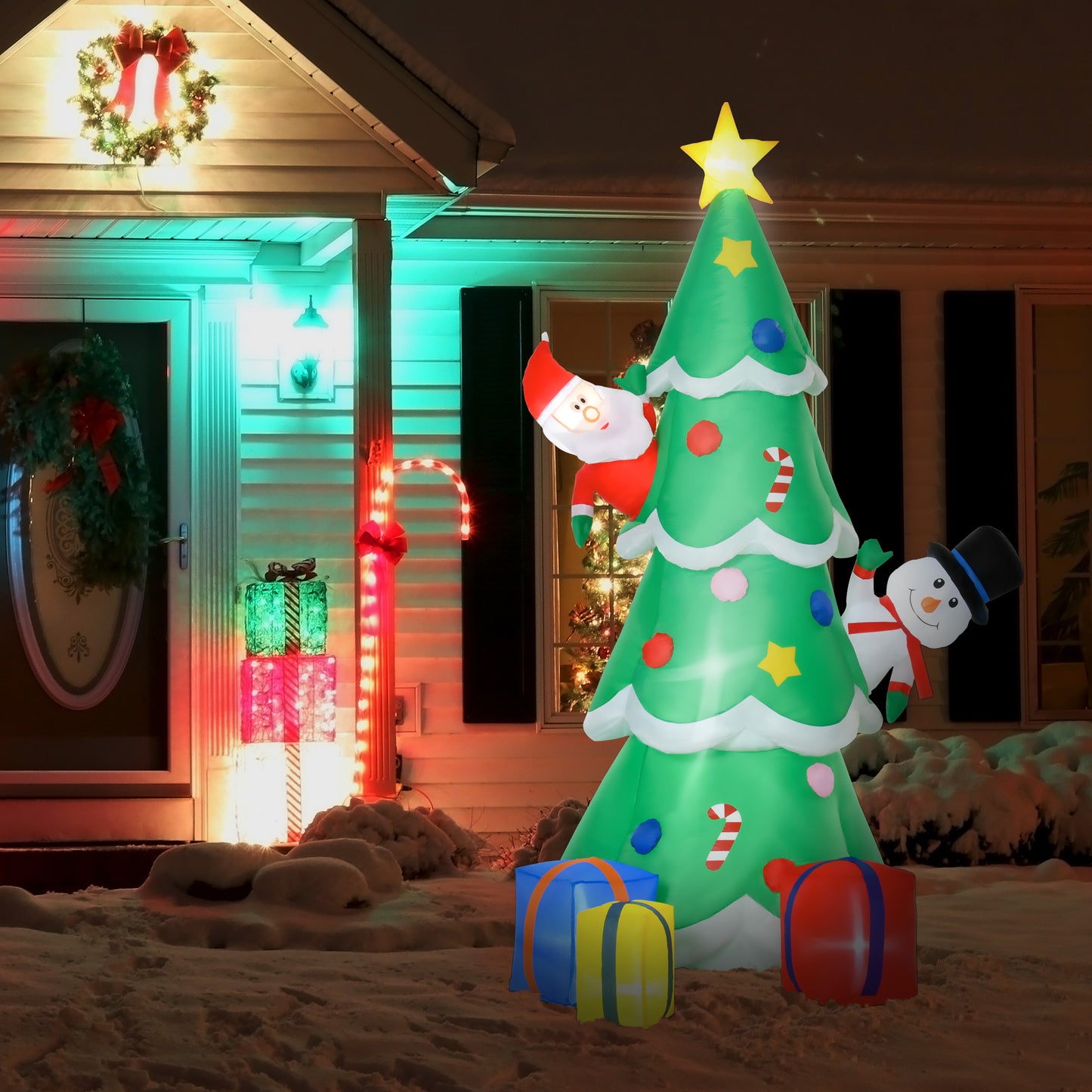 7 Feet Tall Christmas Inflatable Tree, LED Lighted with Santa Claus, Snowman and Gift Box for Home Indoor Outdoor Garden