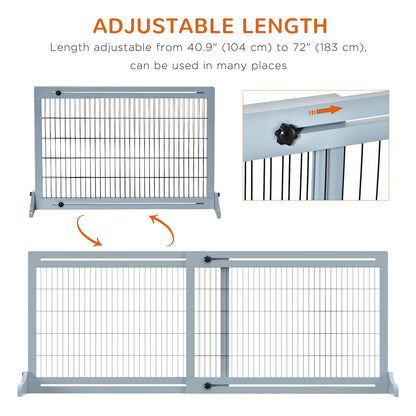 41"-71" Wooden Freestanding Pet Gate with Support Feet, for Small Medium Dogs, Grey-Blue