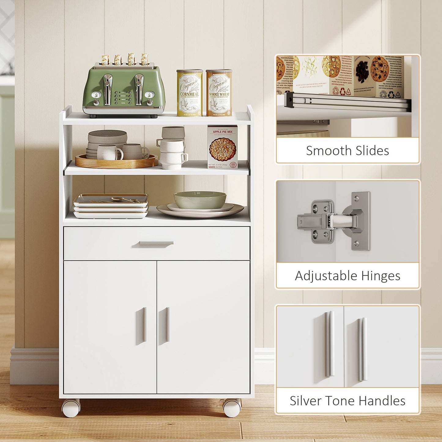 Microwave Cart with Wheels, Microwave Stand with Worktop, Open Shelves and Drawer, Storage Cabinet, White