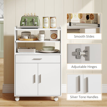 Microwave Cart with Wheels, Microwave Stand with Worktop, Open Shelves and Drawer, Storage Cabinet, White