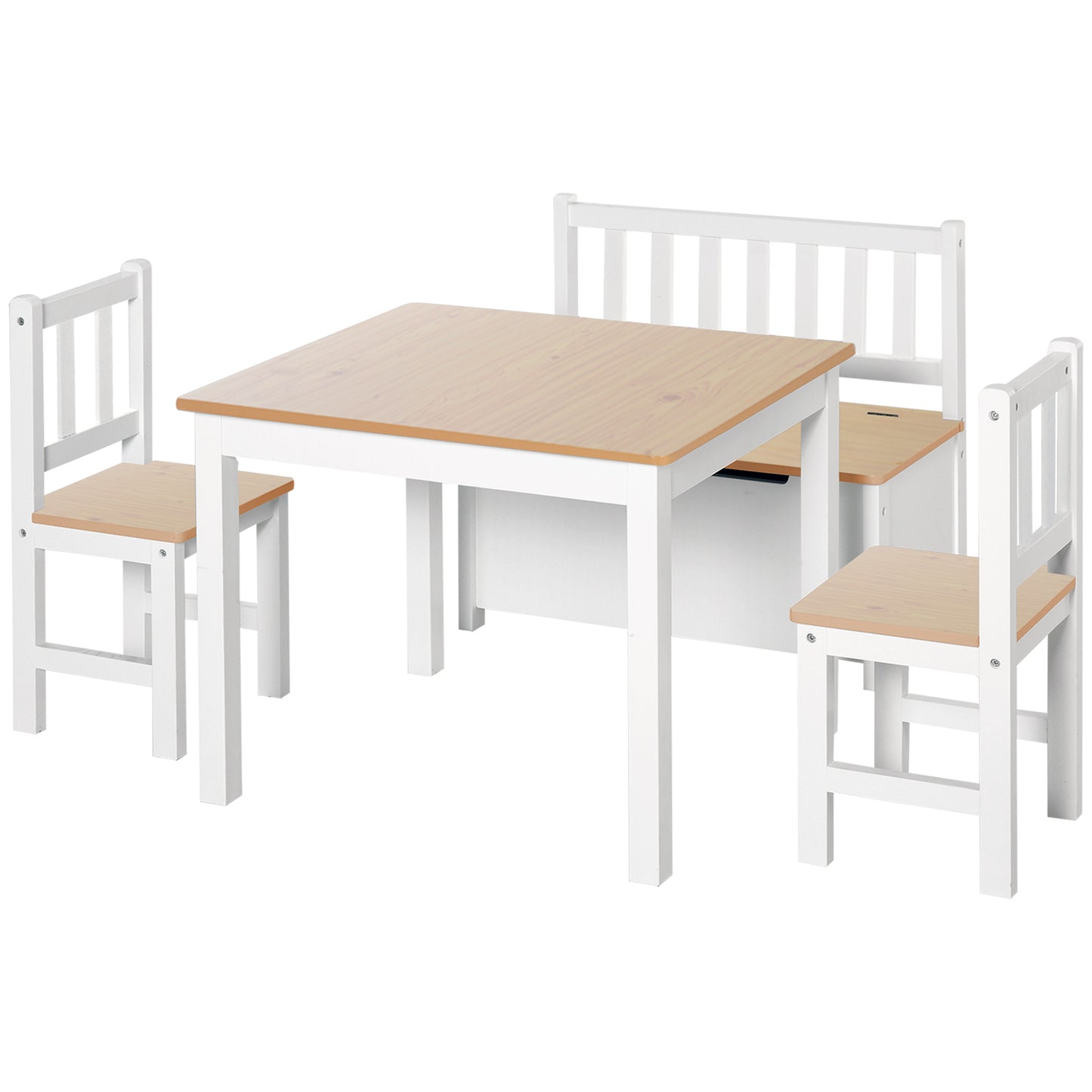 Qaba 4-Piece Set Kids Wood Table Chair Bench with Storage Function Easy to Clean Gift for Girls Boys Toddlers Age 3 Year