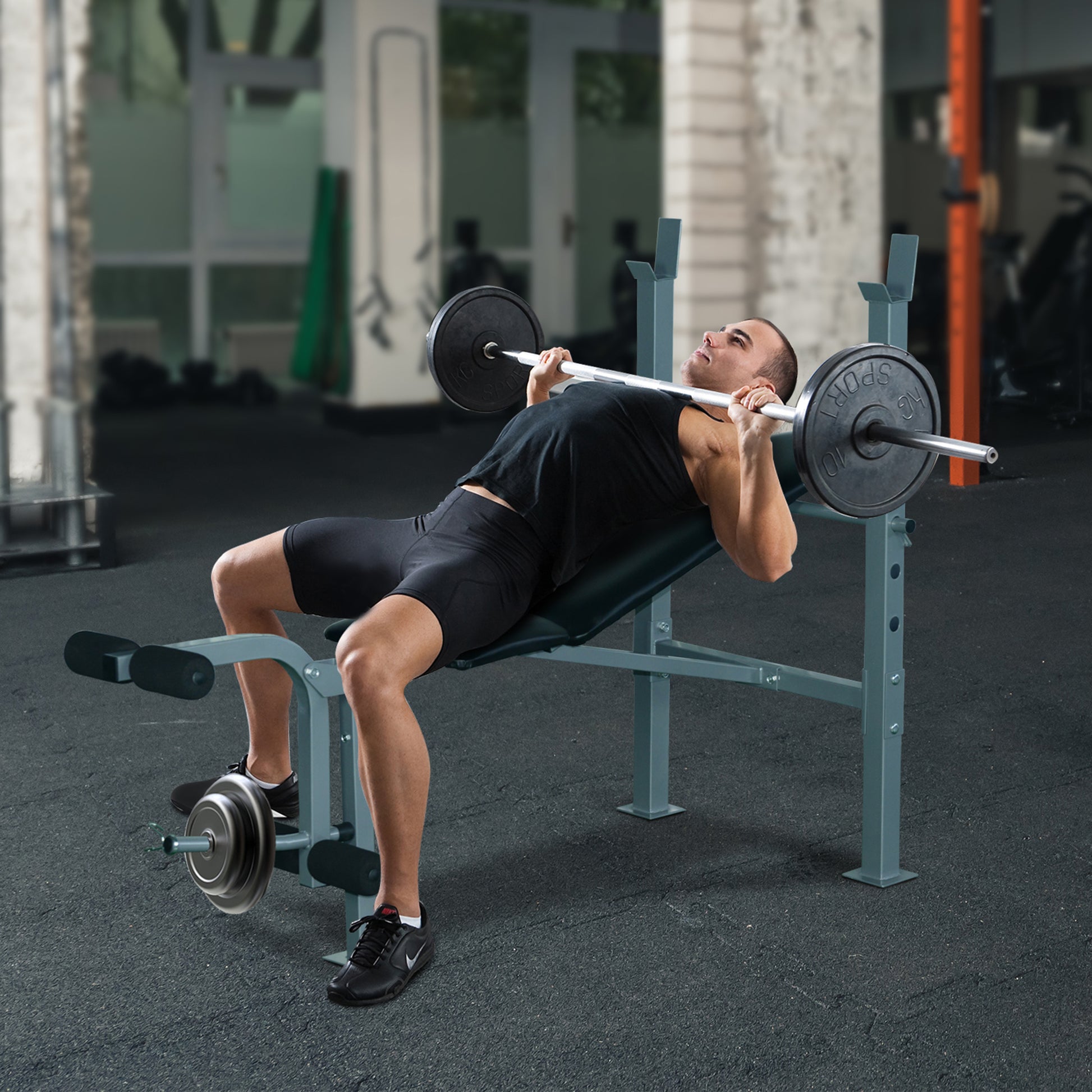 Soozier Incline Decline Weight Bench with Leg Extension and Barbell Rack, Adjustable Bench Press Weight Lifting Bench