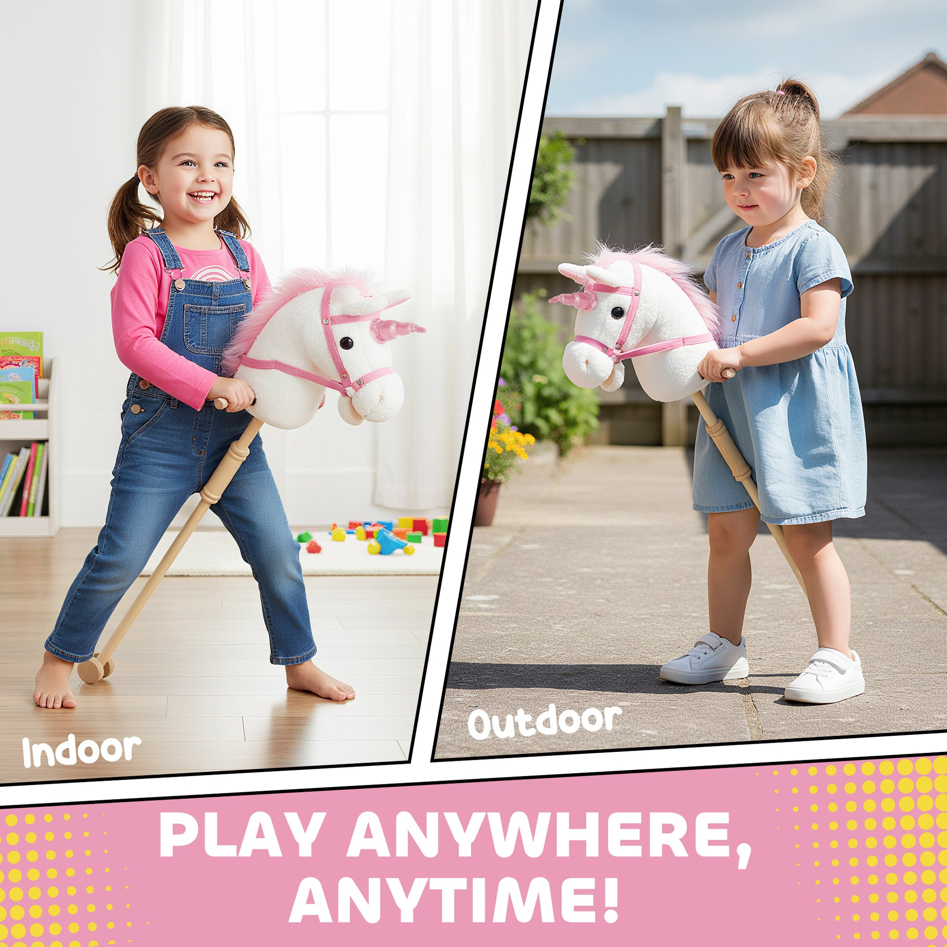 Qaba Unicorn Stick Horse, Plush Hobby Horse with Wood Wheels, Real Pony Neighing and Galloping Sounds, for Kids, White