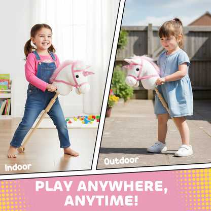 Qaba Unicorn Stick Horse, Plush Hobby Horse with Wood Wheels, Real Pony Neighing and Galloping Sounds, for Kids, White