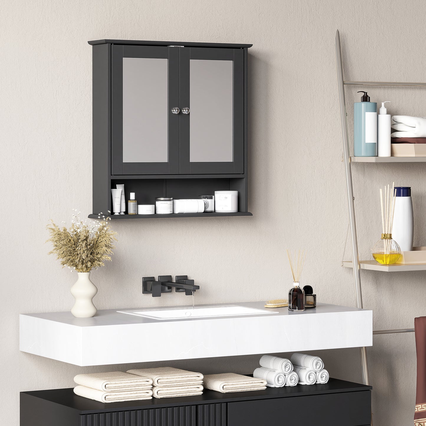 Medicine Cabinet, Wall-Mounted Bathroom Mirror Cabinet with Double Doors, Open Shelf, and Adjustable Shelf, Modern Bathr