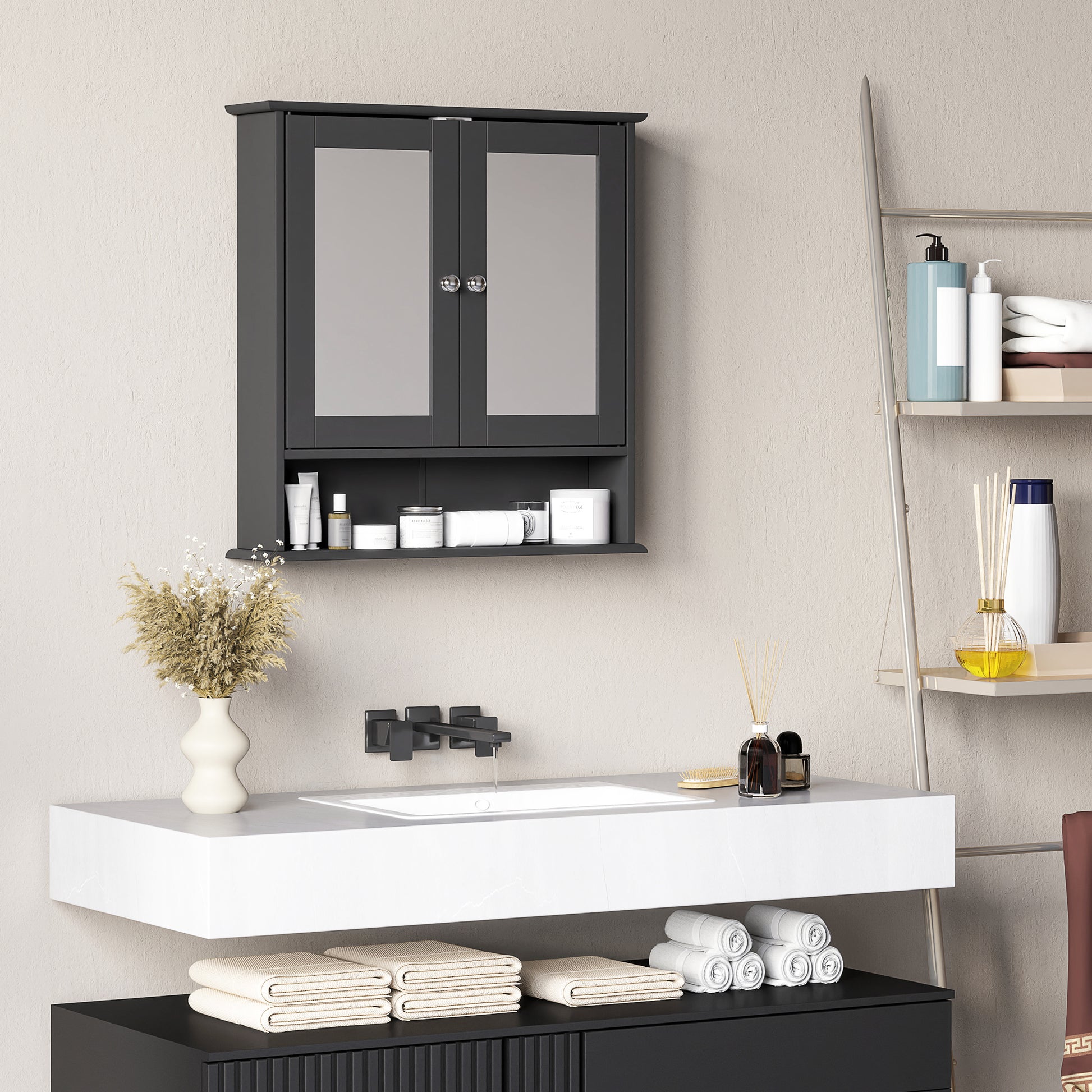 Medicine Cabinet, Wall-Mounted Bathroom Mirror Cabinet with Double Doors, Open Shelf, and Adjustable Shelf, Modern Bathr