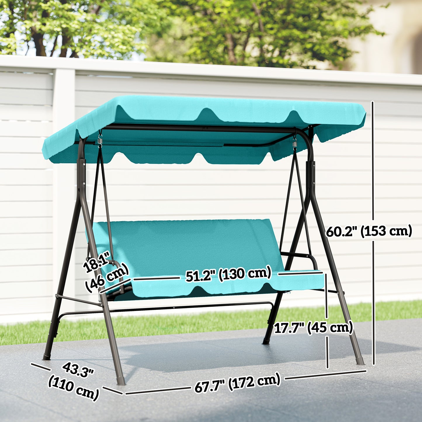 3-Seater Outdoor Porch Swing with Adjustable Canopy, Patio Swing Chair for Garden, Poolside, Backyard, Teal