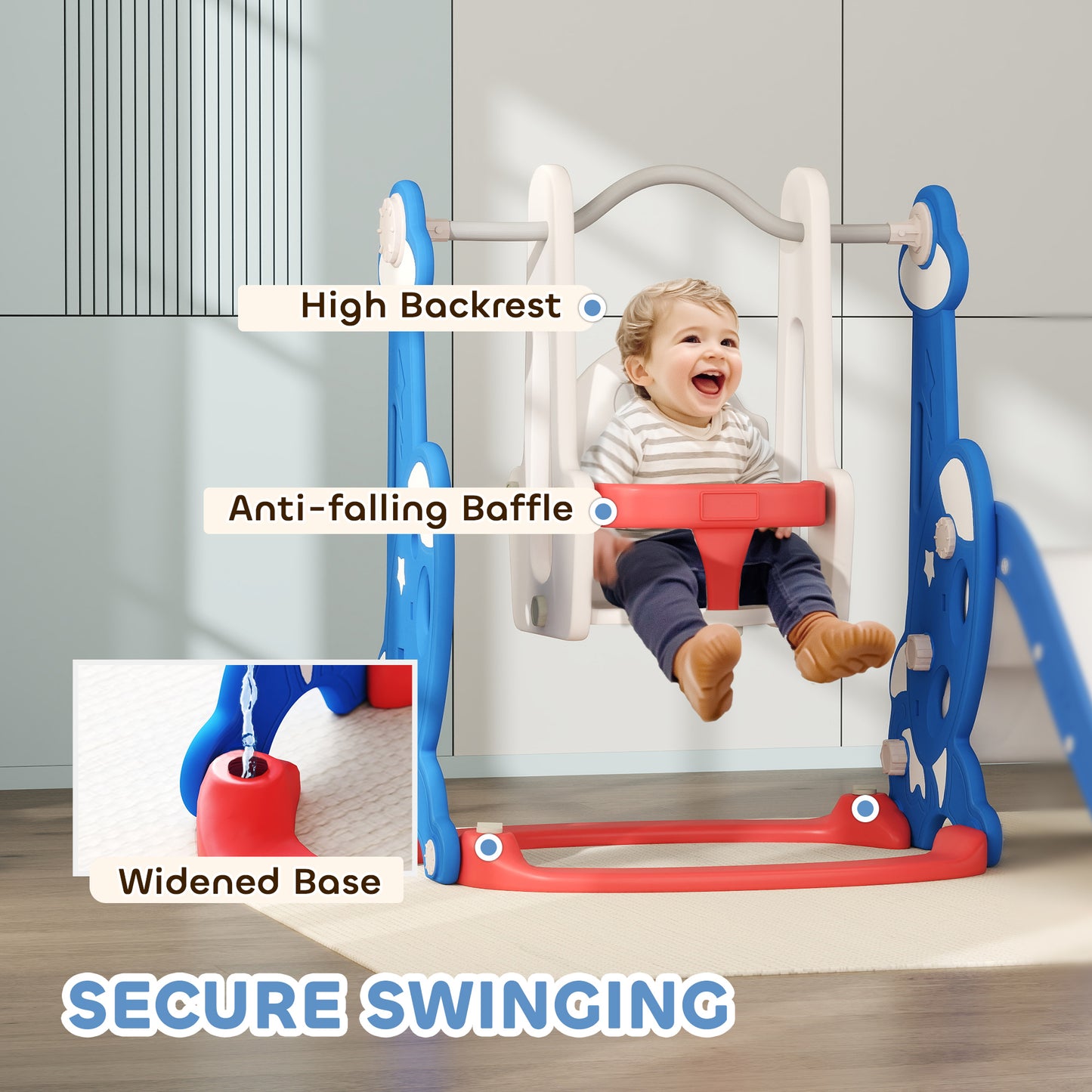 Qaba 4-in-1 Slide and Swing Set with Basketball Hoop, Climber, for Ages 1.5-4 Boys Girls Toddler, Rocket Themed, Dark Bl