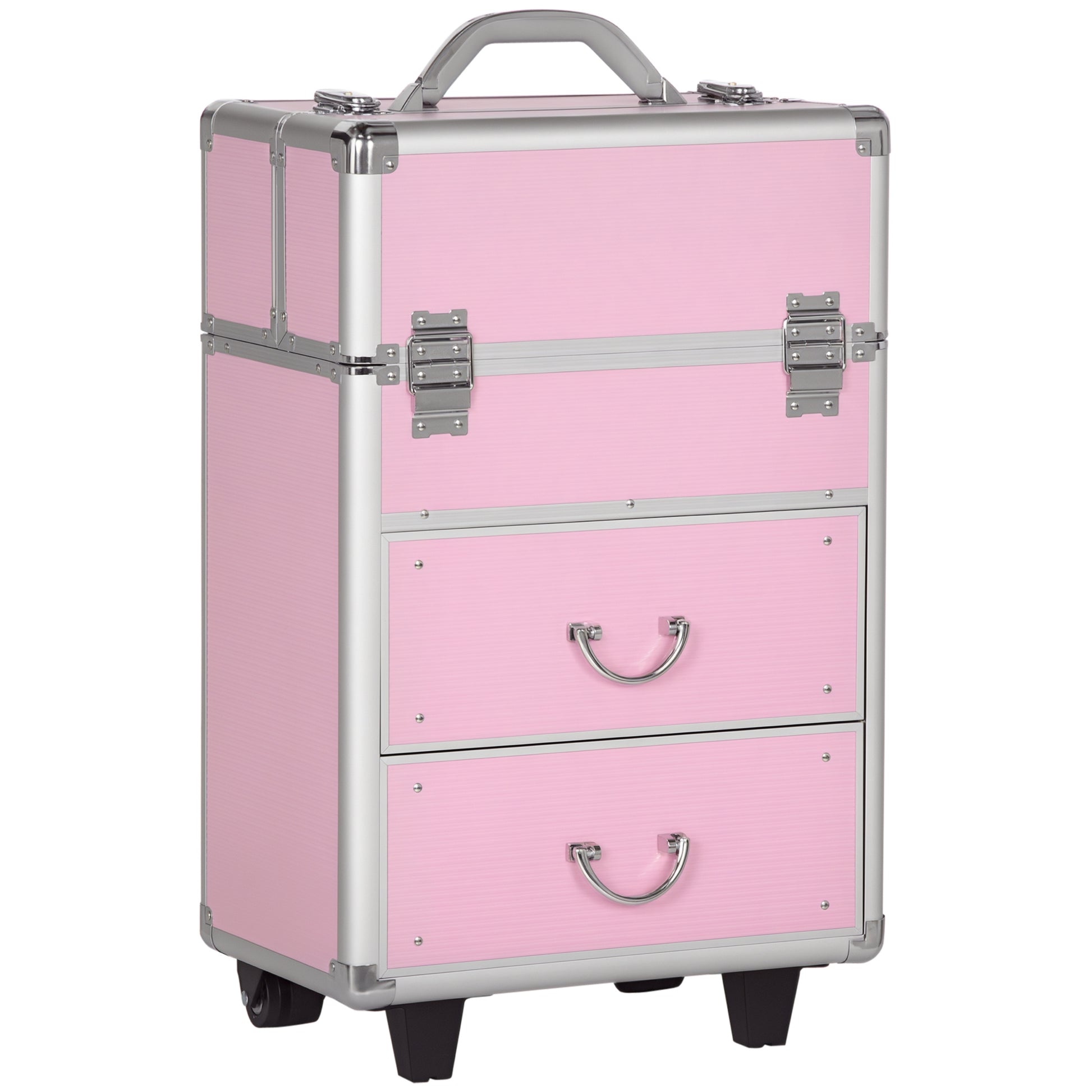 Rolling Makeup Train Case, Large Storage Cosmetic Trolley, Lockable Traveling Cart Trunk with Folding Trays, Swivel Whee