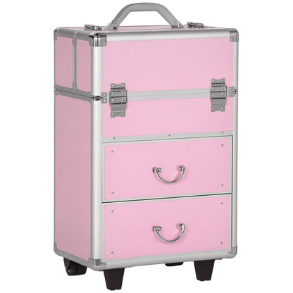 Rolling Makeup Train Case, Large Storage Cosmetic Trolley, Lockable Traveling Cart Trunk with Folding Trays, Swivel Whee