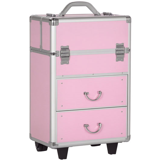 Rolling Makeup Train Case, Large Storage Cosmetic Trolley, Lockable Traveling Cart Trunk with Folding Trays, Swivel Whee