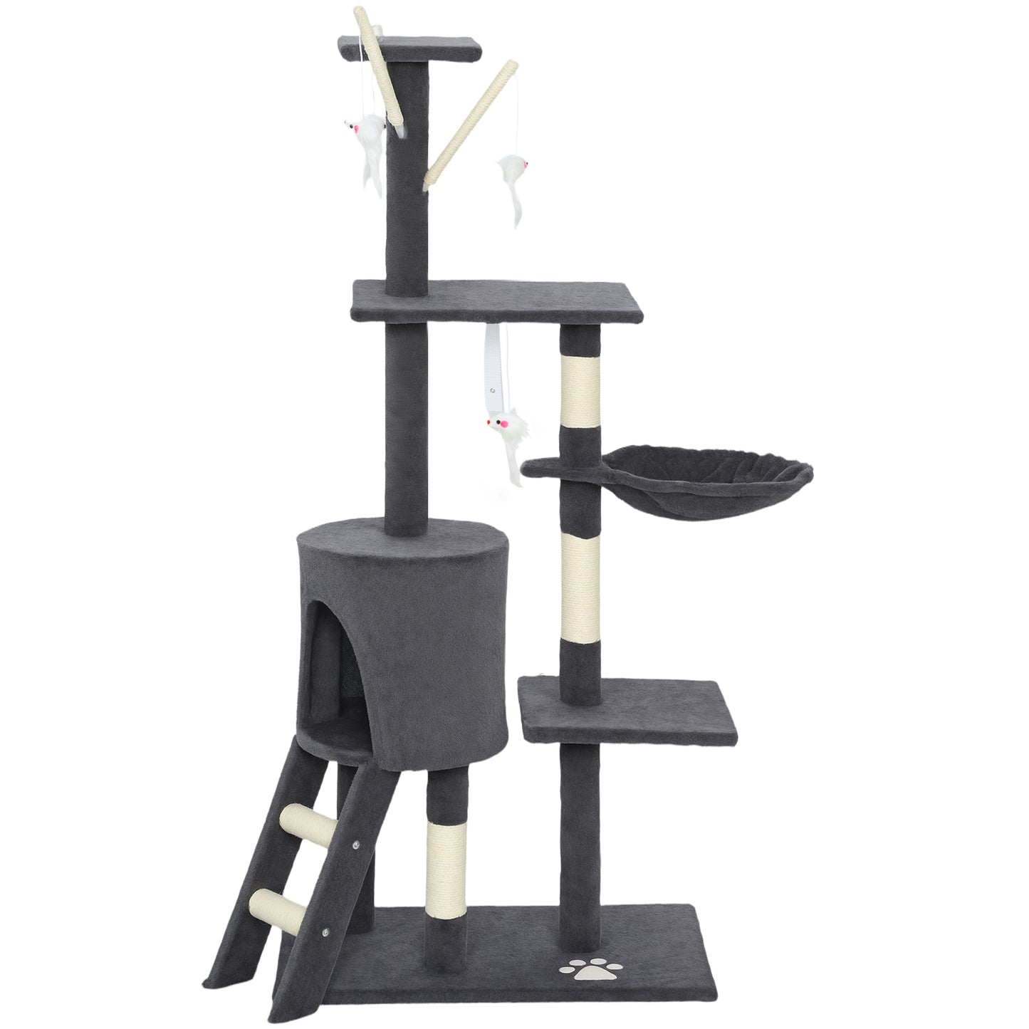 53" Cat Tree Tower, Kitten Activity Centre with Scratching Posts, Condo, Perches, Ladder, Hammock, Dangling Toys, Dark G