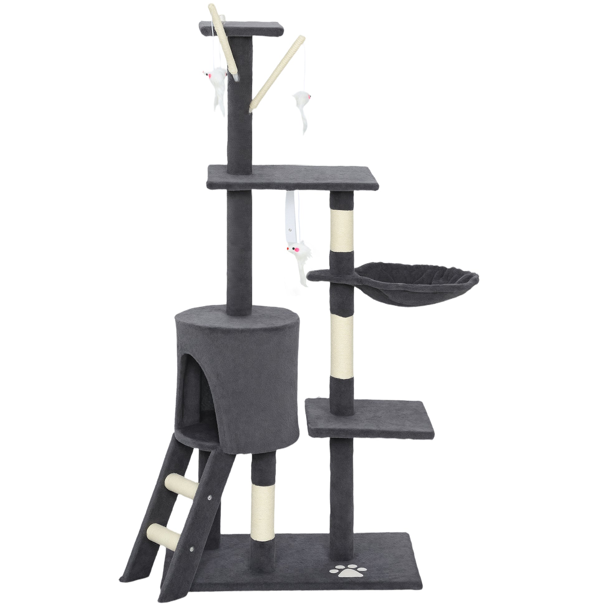 53" Cat Tree Tower, Kitten Activity Centre with Scratching Posts, Condo, Perches, Ladder, Hammock, Dangling Toys, Dark G