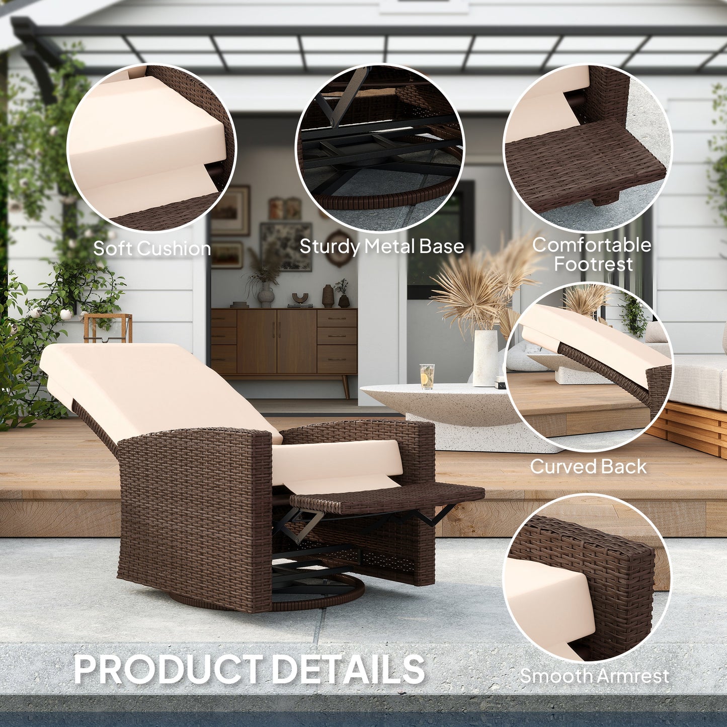 Outdoor Rattan Wicker Lounge Chair with Footrest & Soft Cushion for Patio, Garden, Backyard, Cream White