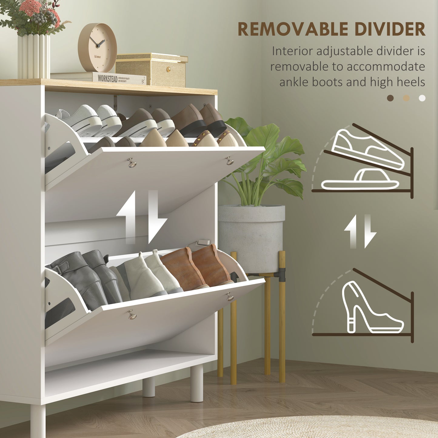 2 Drawers Shoe Storage Cabinet with Adjustable Shelves for 16 Pairs of Shoes, White