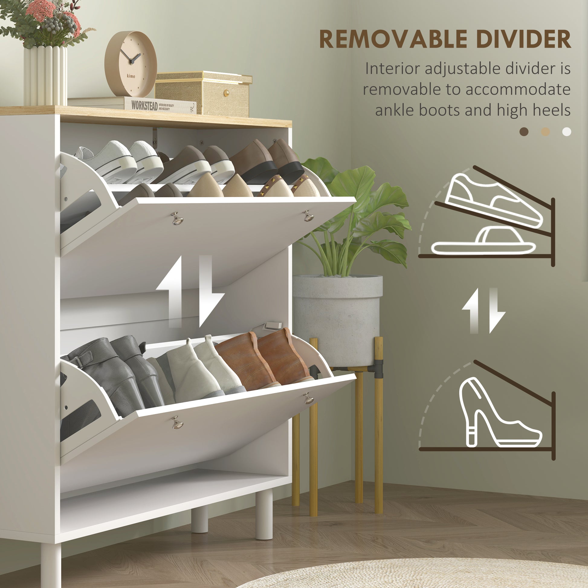 2 Drawers Shoe Storage Cabinet with Adjustable Shelves for 16 Pairs of Shoes, White