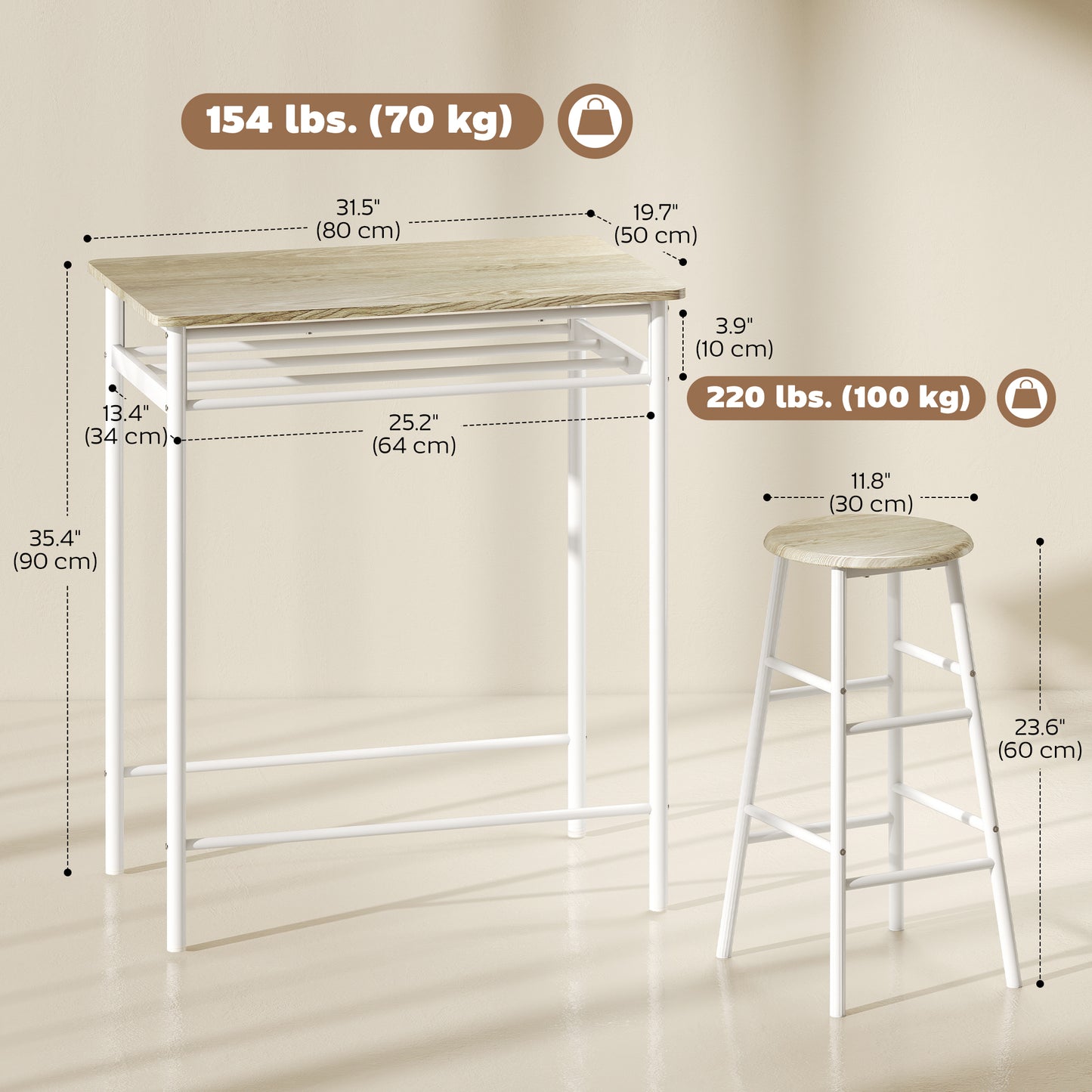 3 Piece Counter Height Bar Table Set with 1 Table, 2 Matching Stools, Dining Table Set with Storage Shelf and Metal Fram