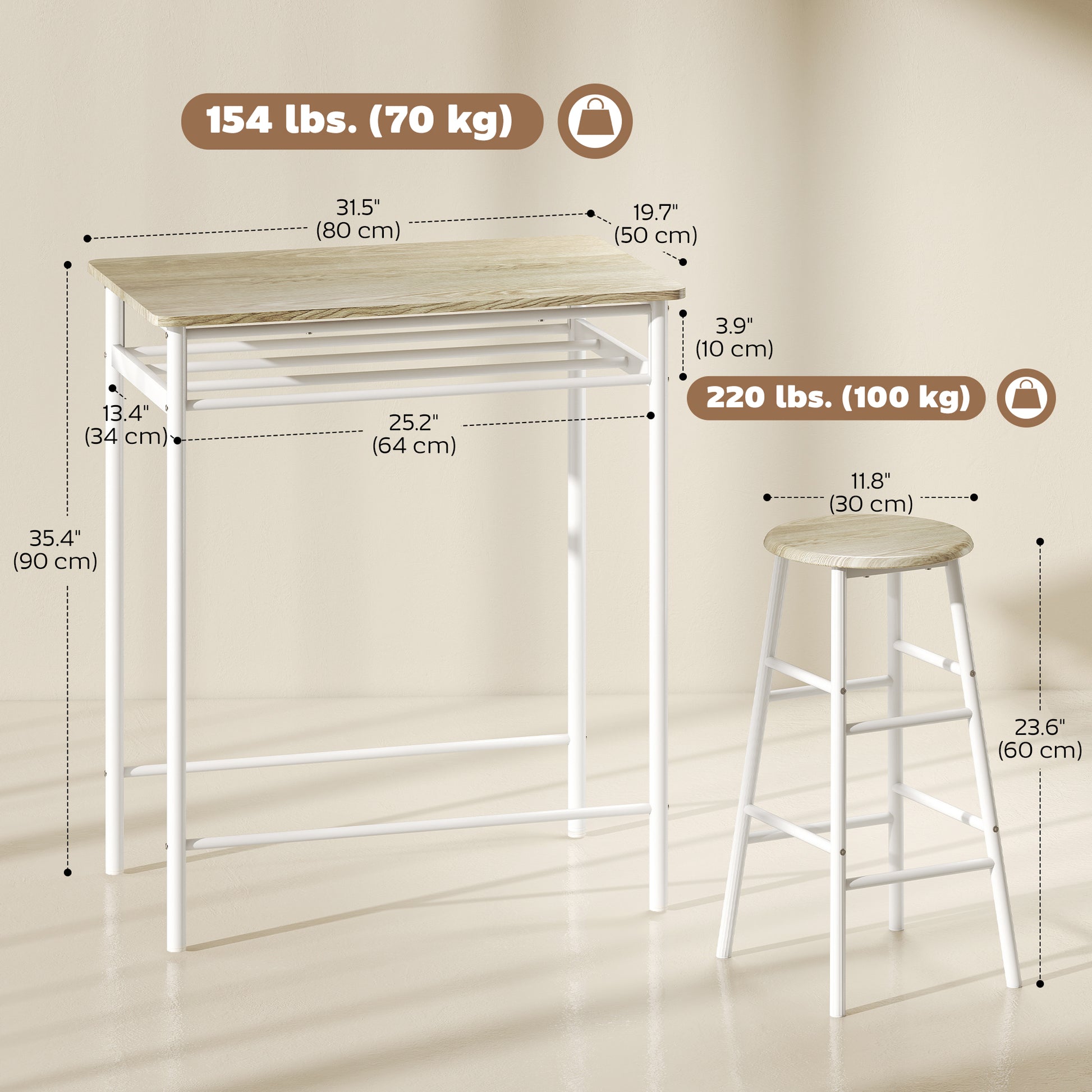 3 Piece Counter Height Bar Table Set with 1 Table, 2 Matching Stools, Dining Table Set with Storage Shelf and Metal Fram