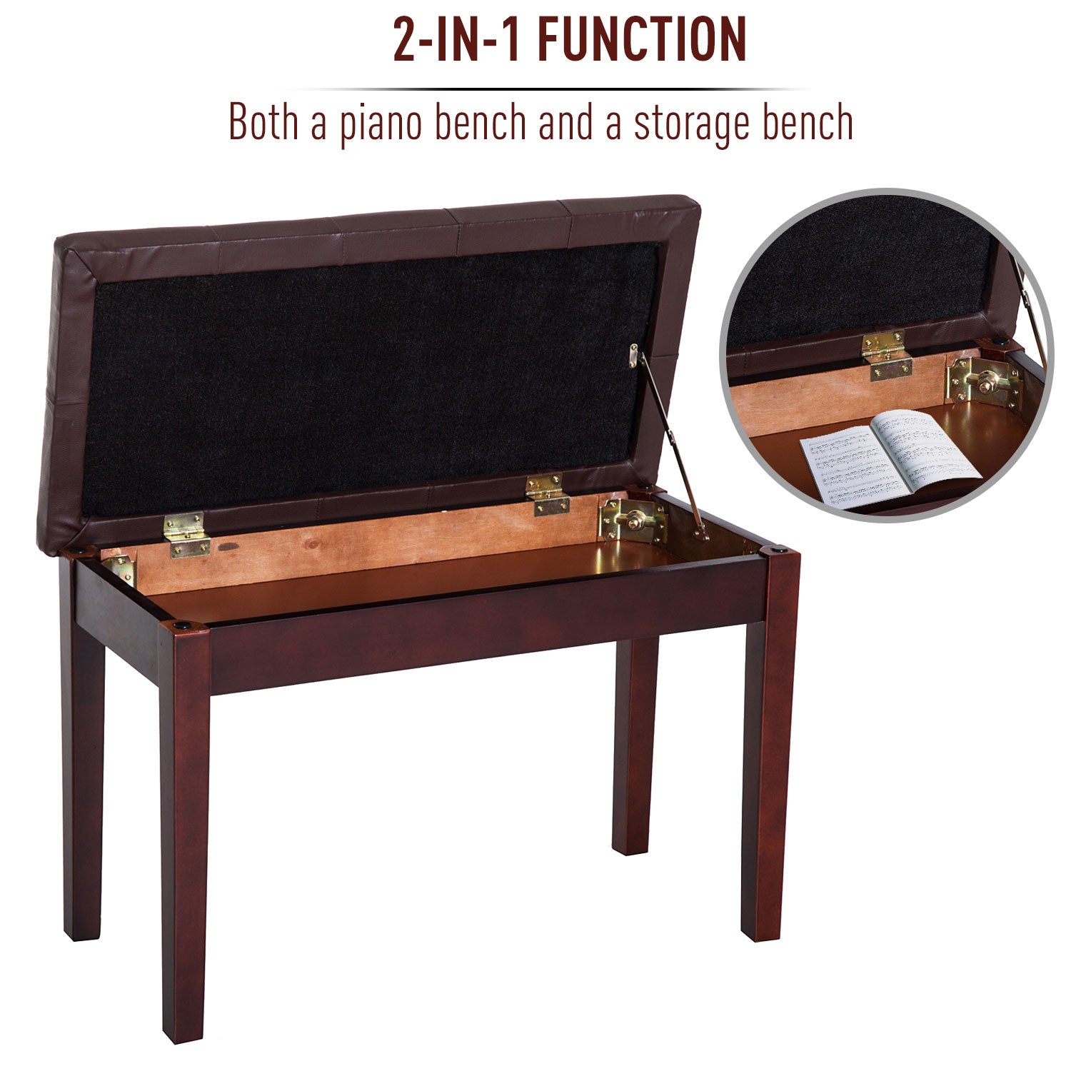 Faux Leather Padded Double / Duet Piano Bench w/ Music Storage - Brown