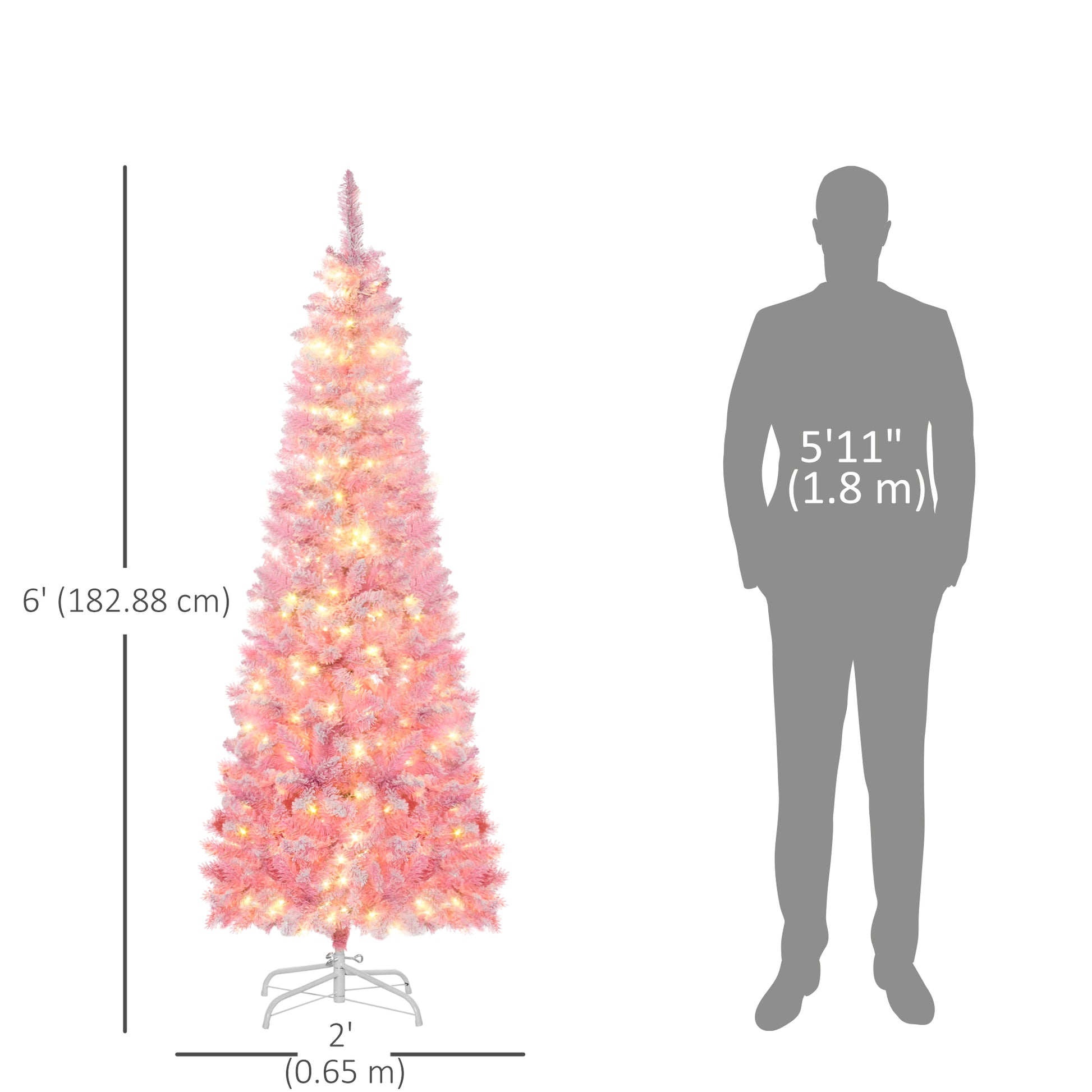 6 Foot Prelit Snow Flocked Artificial Christmas Tree with Pencil Shape, 500 Pine Realistic Branches, Warm White LED ligh
