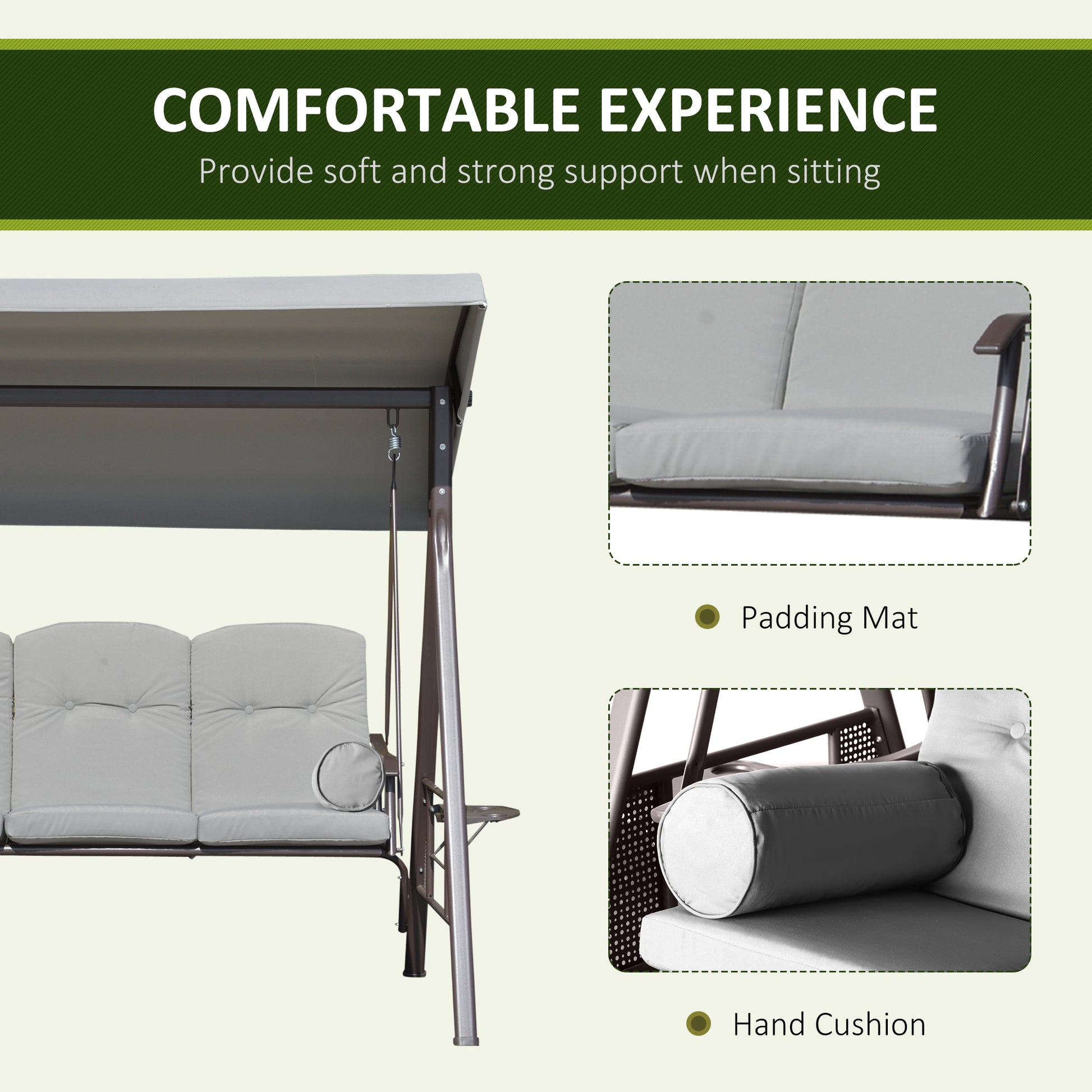 Outdoor Patio 3-Person Steel Canopy Cushioned Seat Bench Swing with Included Side Trays & Padded Comfort, Light Grey