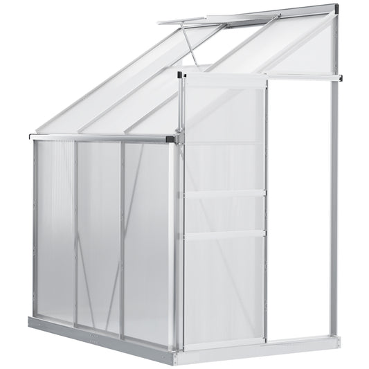 6' x 4' Aluminum Lean-to Greenhouse Polycarbonate Walk-in Garden Greenhouse with Adjustable Roof Vent, Rain Gutter and S