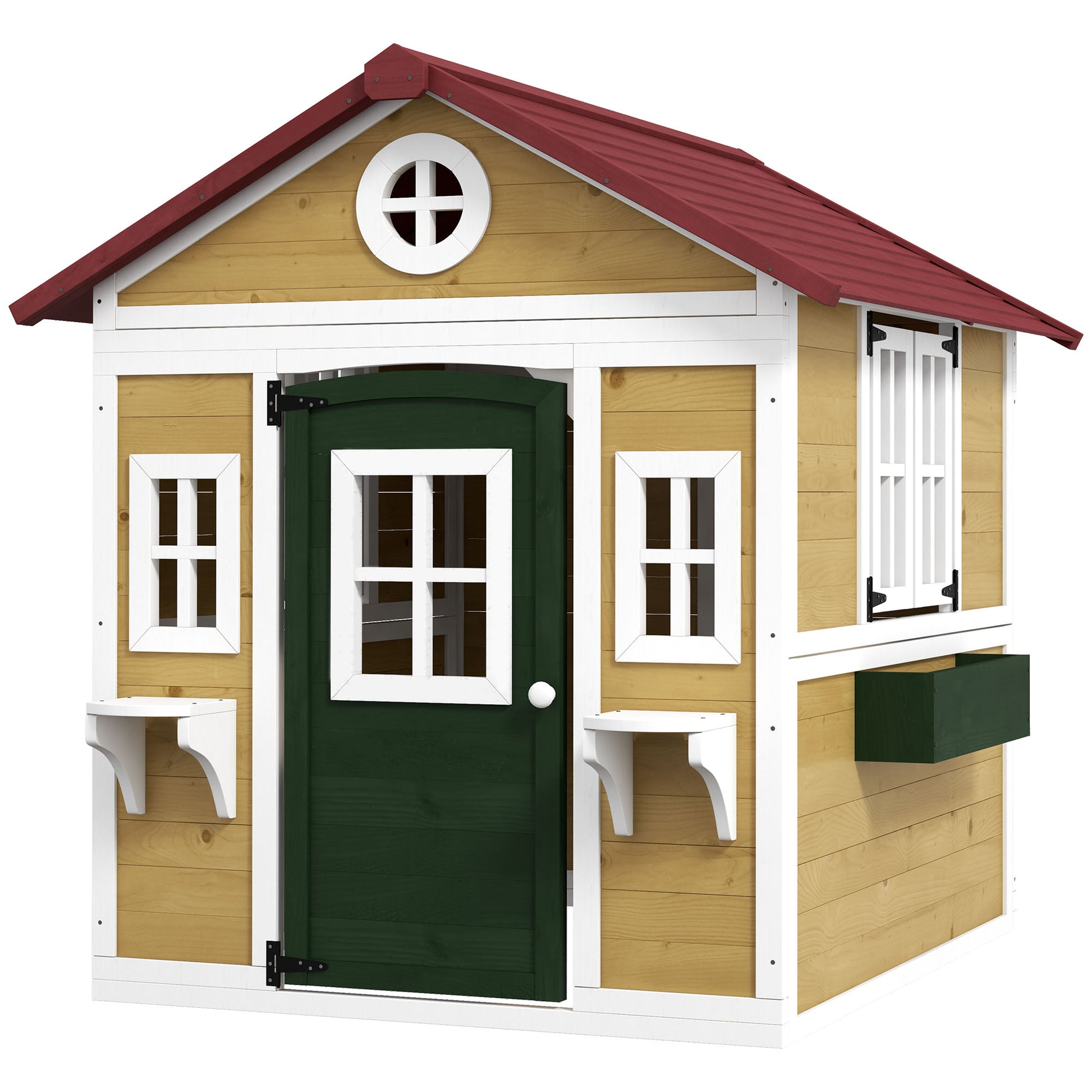 Kids Wooden Outdoor Playhouse for Toddlers aged 3–8, featuring Door, Windows, Planter Pots and Boxes, Garden Cottage Sty