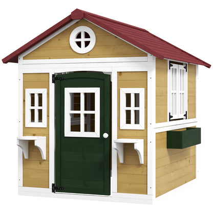 Kids Wooden Outdoor Playhouse for Toddlers aged 3–8, featuring Door, Windows, Planter Pots and Boxes, Garden Cottage Sty