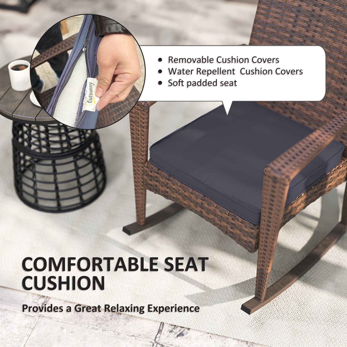 Outdoor PE Rattan Rocking Chair, Garden Glider Rocking Chair, Wicker Patio Chair Set with Armrest and Cushion, Dark Blue