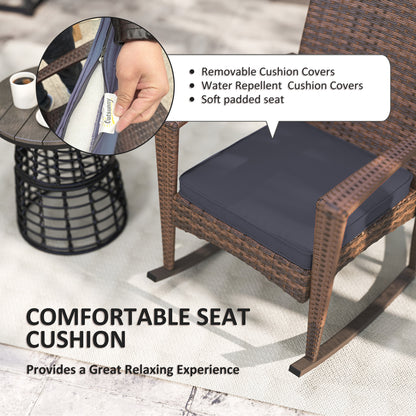 Outdoor PE Rattan Rocking Chair, Garden Glider Rocking Chair, Wicker Patio Chair Set with Armrest and Cushion, Dark Blue