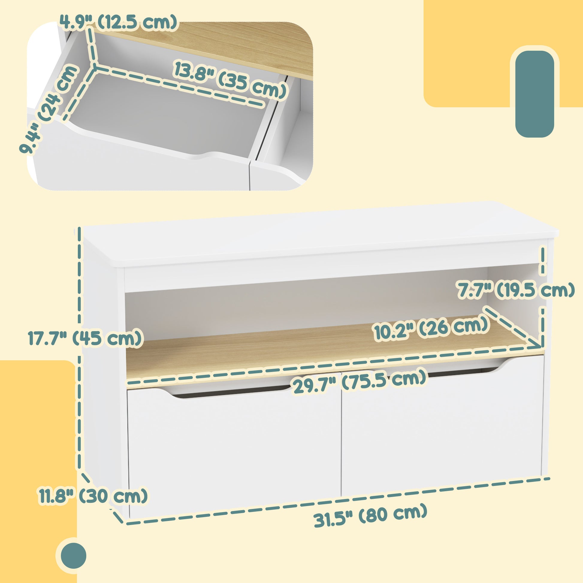 Qaba Kids Bookshelf with 2 Drawers, Large Tabletop, Shelf, for Nursery, Kids Room, Bedroom, Living Room, White