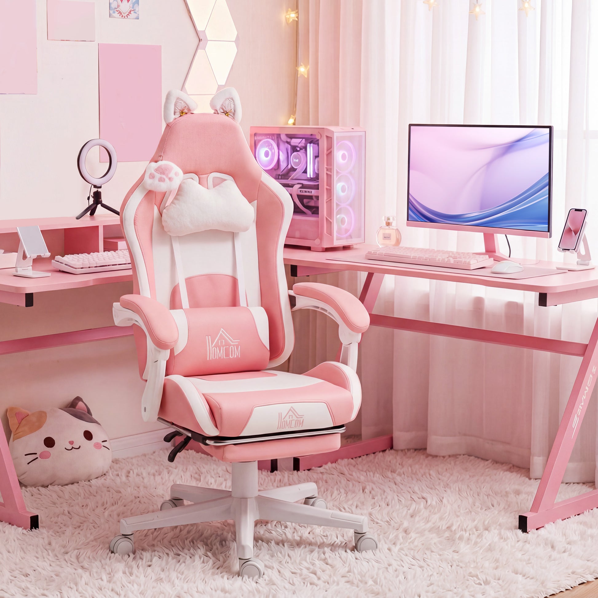 Cute Racing Gamer Chair, Faux Leather Gaming Chair with Footrest, Headrest and Lumbar Support, Pink