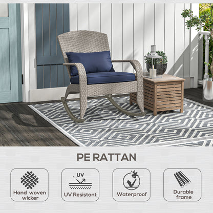 Adirondack Chair, Outdoor Wicker Rocking Chair with High Back, Seat Cushion and Pillow for Porch, Balcony, Dark Blue