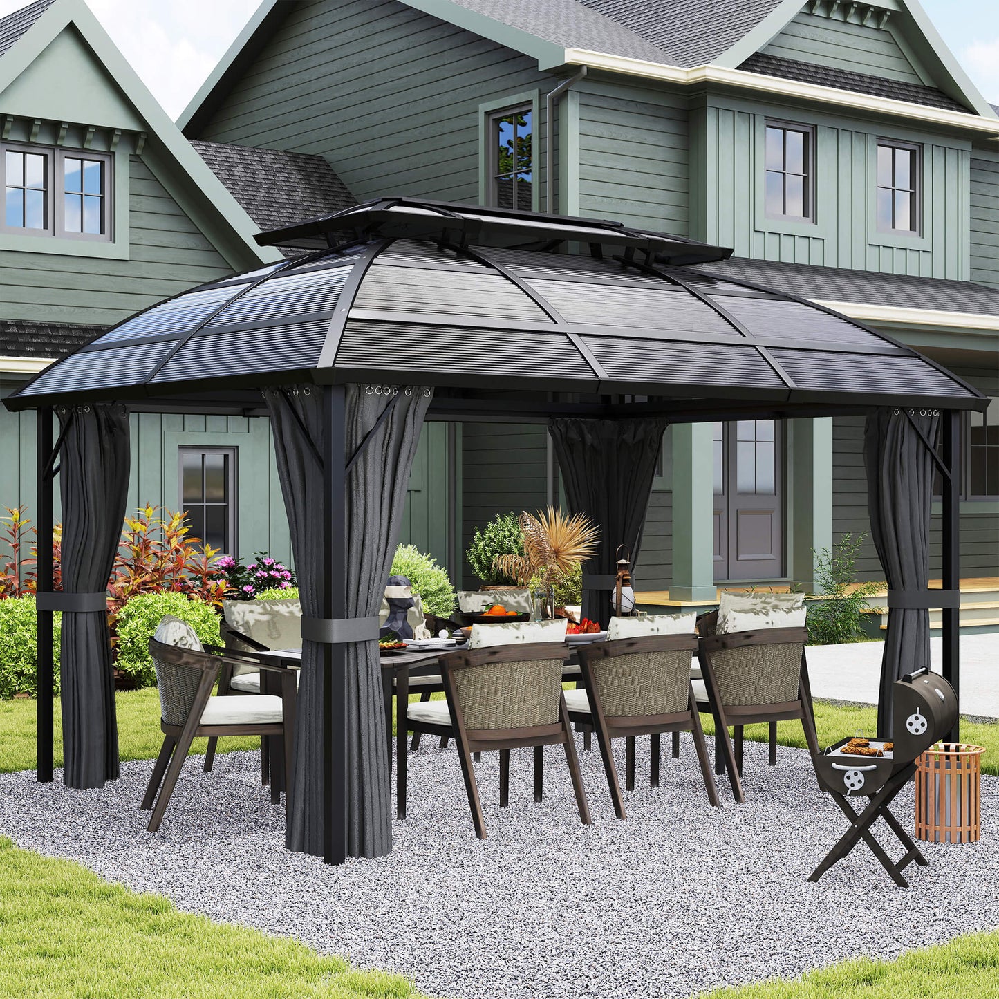 13' x 10' Patio Gazebo, Double Roof Outdoor Gazebo Canopy Shelter with Curtains and Aluminium Frame for Garden, Black