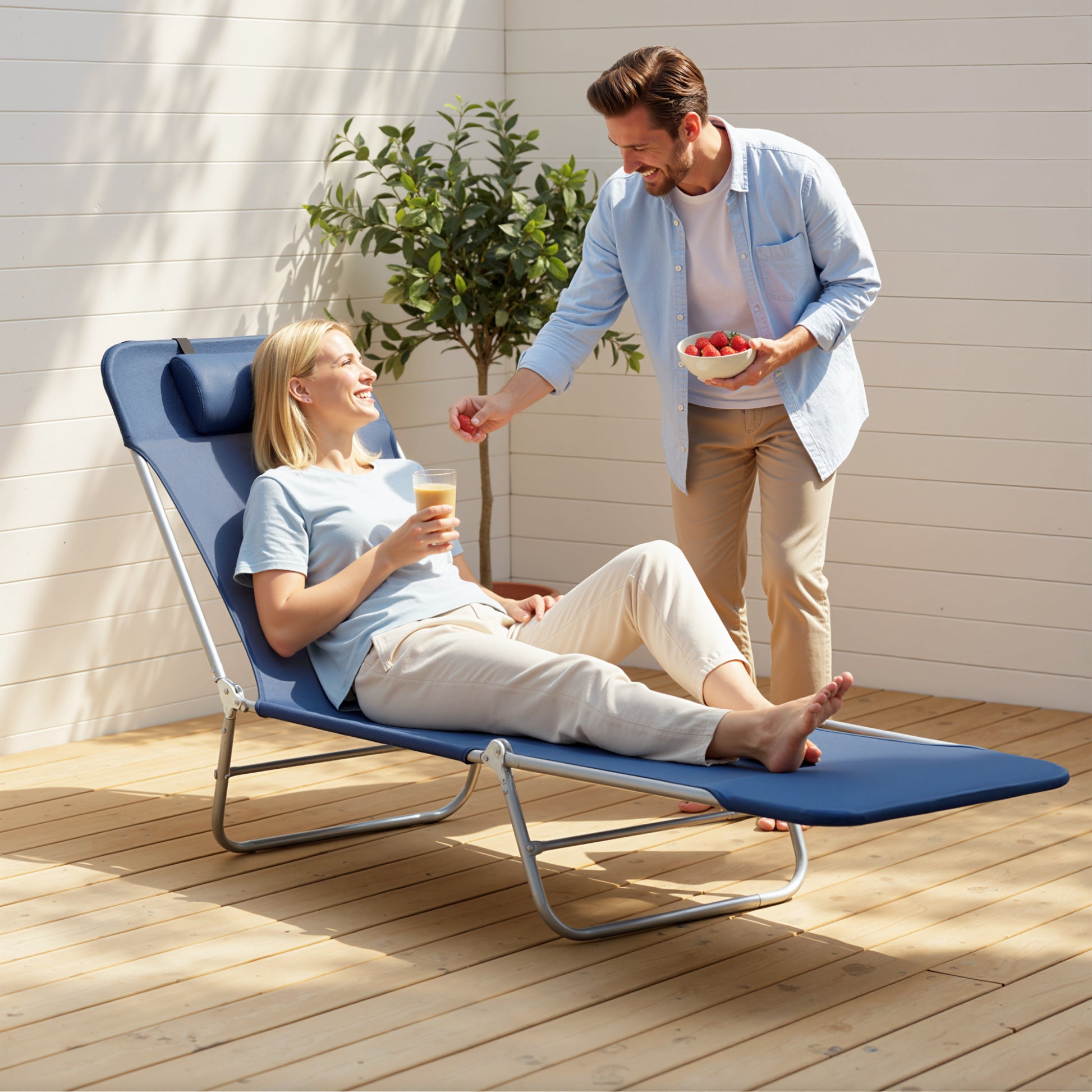 Outdoor Lounge Chair, Portable Adjustable Reclining Seat Folding Chaise Lounge Patio Camping Beach Tanning Chair Bed wit