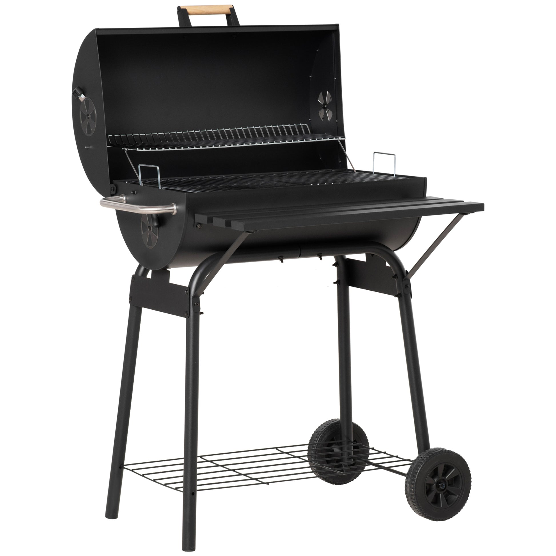 30" Charcoal Barbecue Grill with Wheels Outdoor Barbecue with Adjustable Charcoal Rack, Storage Shelf, Wheel, for Garden