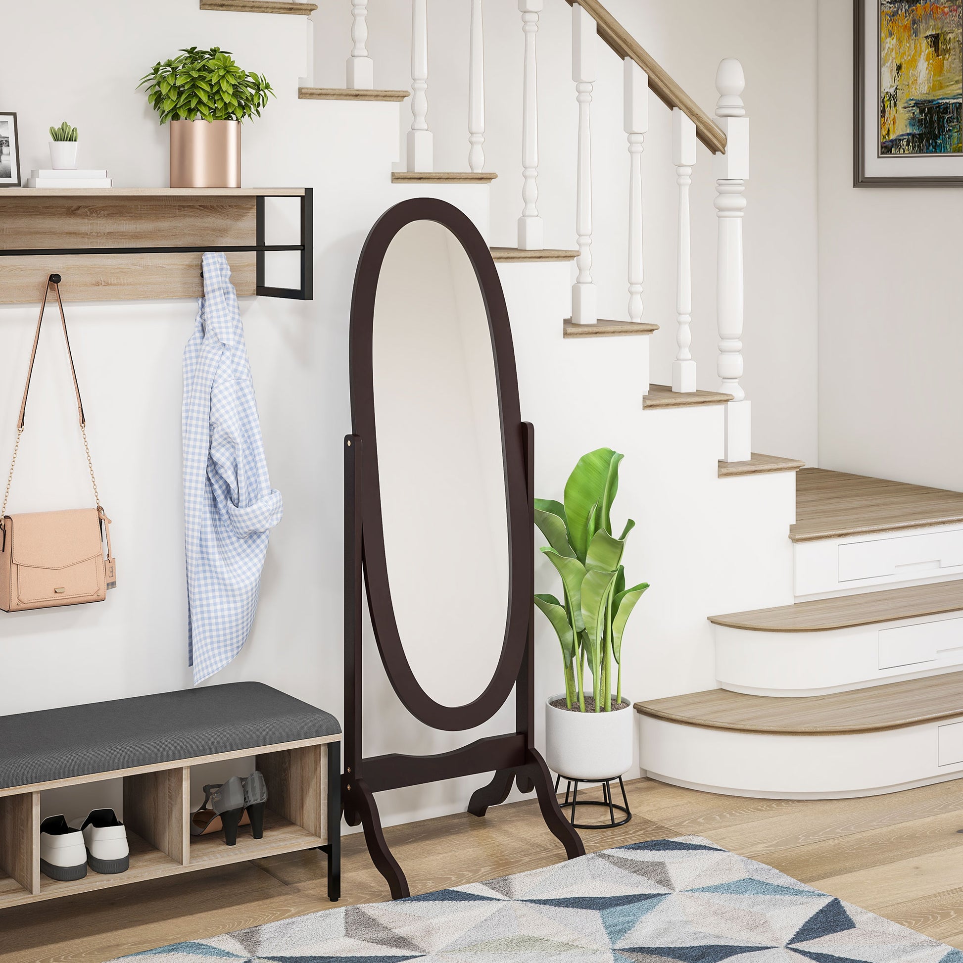 Floor Standing Mirror Full Length Mirror with Adjustable Angle Oval Frame for Dressing Room Bedroom Living Room Coffee
