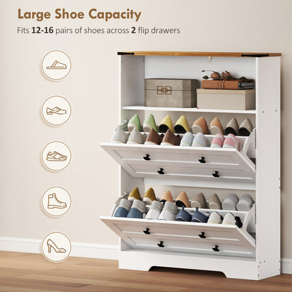 Shoe Cabinet with 2 Flip Drawers, Narrow Shoe Storage Cabinet, White