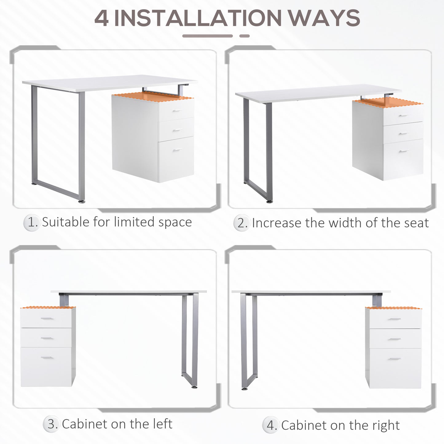 47" Computer Desk Writing Table Workstation with Multi-Use Reversible File Drawers Metal Frame Home Office Furniture, Wh