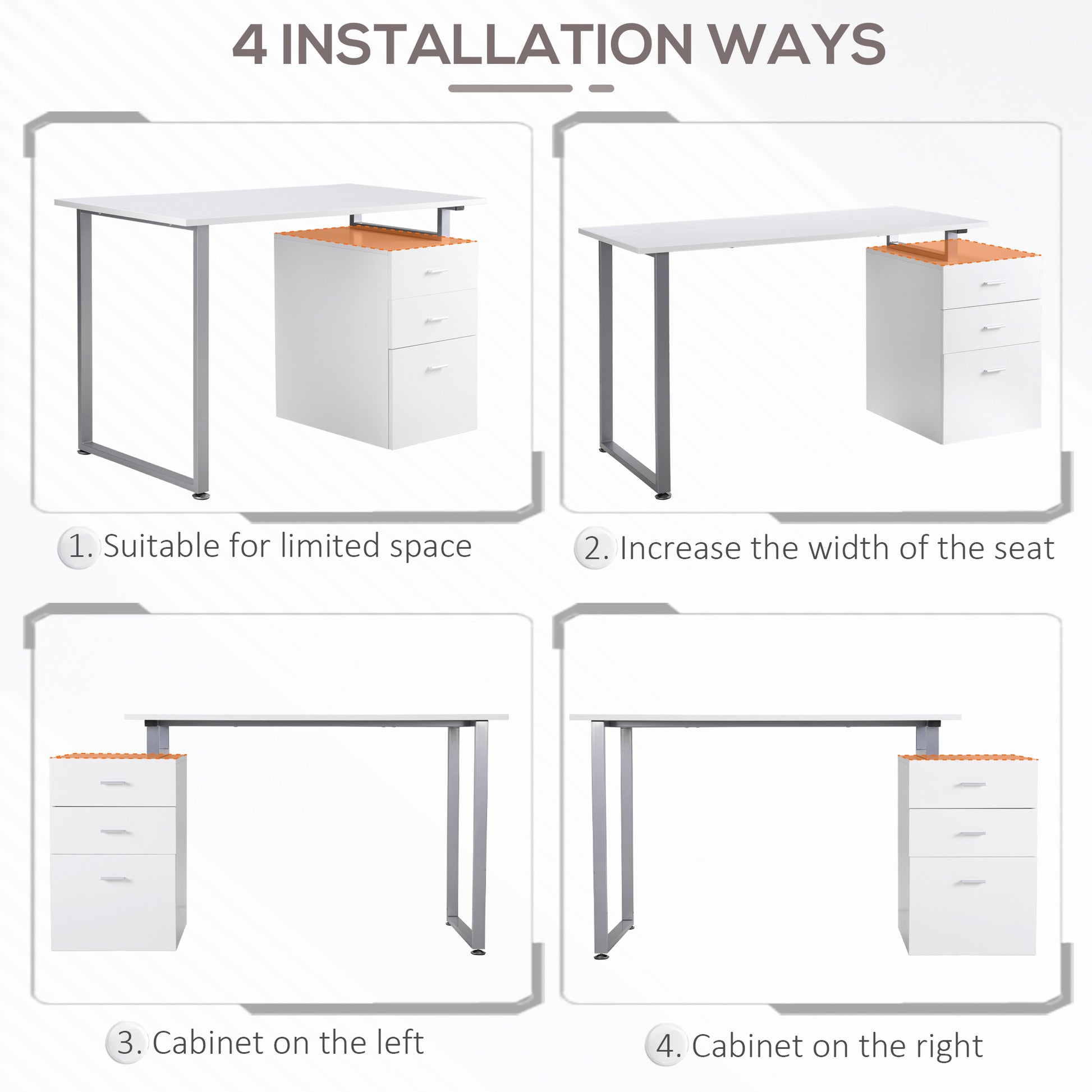 47" Computer Desk Writing Table Workstation with Multi-Use Reversible File Drawers Metal Frame Home Office Furniture, Wh